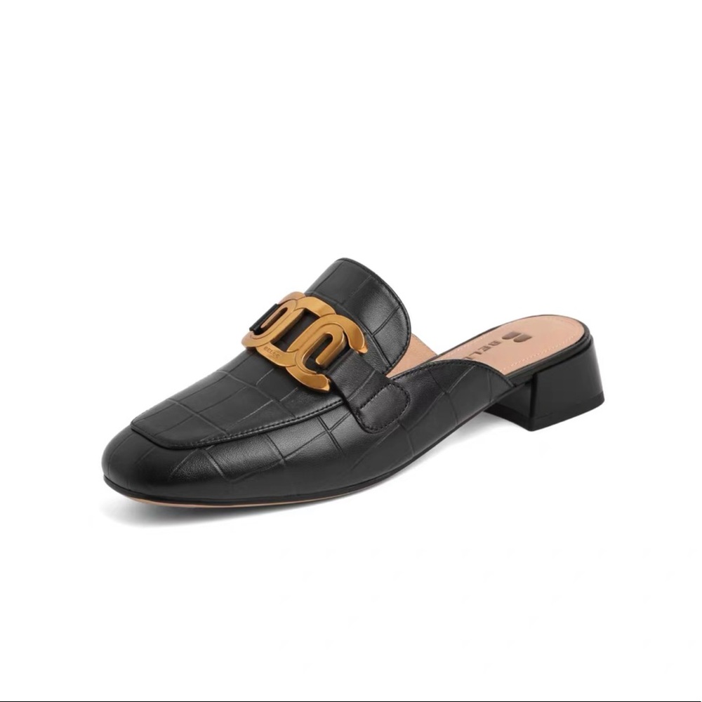 Chain Decor Chunky Heeled genius Leather Slippers- Black